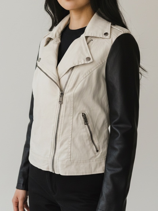 Bar III Jackets & Blazers - Ivory Moto Black Leather Two Tone Biker Chic Edgy Minimalist Jacket Size S
